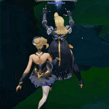 a woman in a blue dress is standing next to another woman in a blue dress in a video game .