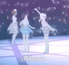 a group of anime girls are dancing on a stage and the word shiharu is on the bottom