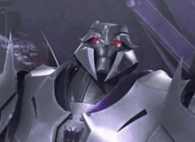 a close up of a robot with red eyes and purple armor .