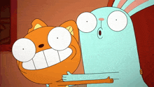 a cat and a rabbit are hugging each other in a cartoon