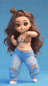 a cartoon doll with a leopard print bikini top and ripped jeans