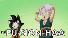 a cartoon of goku and trunks standing next to each other with the words " fu-sion-haba " on the bottom