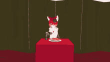 a cartoon character with red hair is holding a bottle of wine over a plate of food