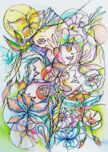 a drawing of a woman surrounded by flowers and leaves with a face in the middle