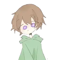 a drawing of a boy with brown hair and purple eyes wearing a green hoodie