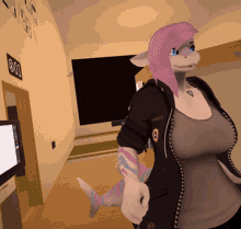 a woman with pink hair is standing in a hallway next to a sign that says 001