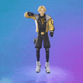 a man in a yellow jacket and black shorts is jumping in the air with his arm in the air