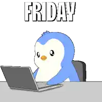 a penguin is sitting at a desk using a laptop and the words friday are above it