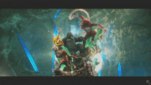 a statue of monkeys in a cave with a x on the bottom right corner
