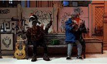 two cartoon characters are sitting on a bench in front of a wall with graffiti that says " app "