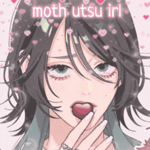a drawing of a girl with a heart in her mouth and the words moth utsu irl above her