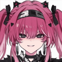 a drawing of a girl with pink hair and a headband that says e on it