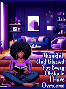 a woman is sitting on the floor reading a book in a purple room .