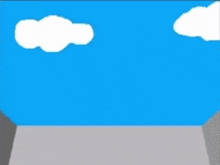 a cartoon cat is peeking out of a box with a blue sky and clouds in the background
