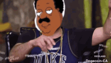 a man with a cartoon face on his face is wearing a nike shirt