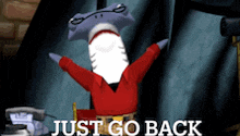 a cartoon shark with a hammer head is standing in front of a curtain that says just go back