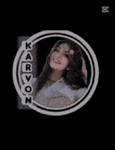 a girl with a flower in her hair is in a circle with the name karvon on it