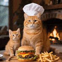 a cat wearing a chef 's hat is standing next to a kitten and a hamburger and french fries