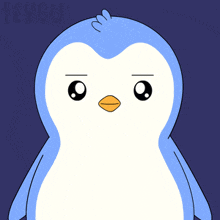 a blue and white penguin with a red beak and the word pengu behind it