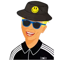 a cartoon of a man wearing a black hat with a smiley face on it