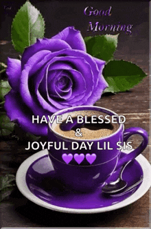 a purple rose is sitting next to a cup of coffee on a saucer on a table .