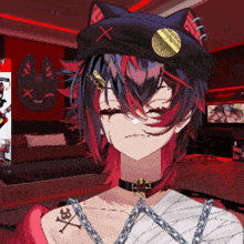 a girl wearing a cat hat and a choker has a tattoo of crossbones on her chest