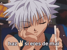 a cartoon character with white hair and the words haz si eres de mai written below him