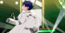 a man in a white coat is dancing on a stage