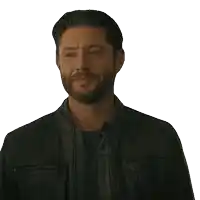 a man in a leather jacket with the word noted on his chest