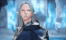 a woman with long white hair and elf ears stands in front of a waterfall