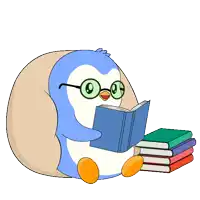 a penguin wearing glasses is reading a book