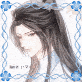 a picture of a man with long hair is surrounded by blue flowers and the words lian irl