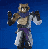 a raccoon with a purple scarf around his neck is waving his hands