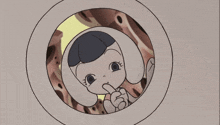 a cartoon drawing of a girl with bunny ears looking out of a hole