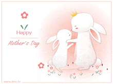 a happy mother 's day greeting card with two rabbits on a pink background