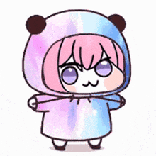 a cartoon girl with pink hair and purple eyes wearing a panda costume .