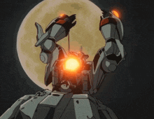 a close up of a robot with an orange light