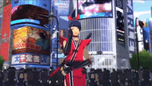 a woman in a red costume stands in front of a weekly festival billboard