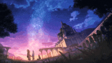 a group of people standing in front of a castle at night
