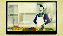 a cartoon of the joker in a kitchen with the words " good morning gotham " on the bottom