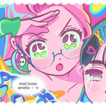 a drawing of a girl with glasses and the words ' mizi loves amelia ' on it