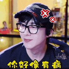 a man wearing glasses and a baseball cap with chinese writing on the bottom