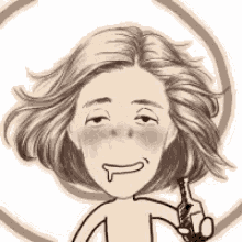 a cartoon drawing of a woman holding a bottle of beer .