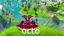 a cartoon octopus sitting on top of a grassy hill