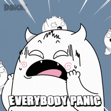 a cartoon of a monster saying everybody panic with a blue background
