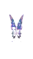 a butterfly with purple and blue wings is flying on a white background