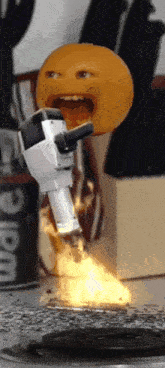 an orange with a flame coming out of its mouth is holding a torch