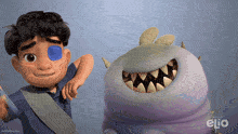 a boy with a blue patch on his eye is standing next to a monster with a huge mouth