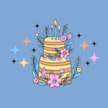 a blue background with a birthday cake and the words " happy birthday "
