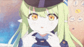 a girl with long green hair is wearing a hat with the number 1 and 2 on it